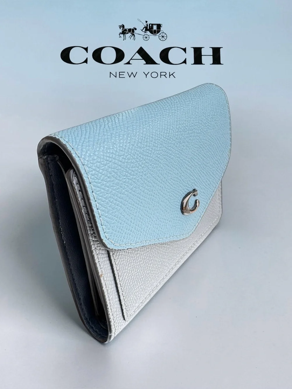 COACH Wyn Small Wallet in Dove Grey and Sky Blue Multi Colorblock.